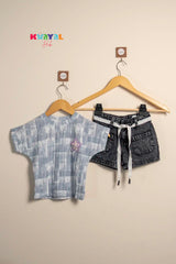 Blue Star Top & Black Denim Shorts Girls Co-Ord Set
