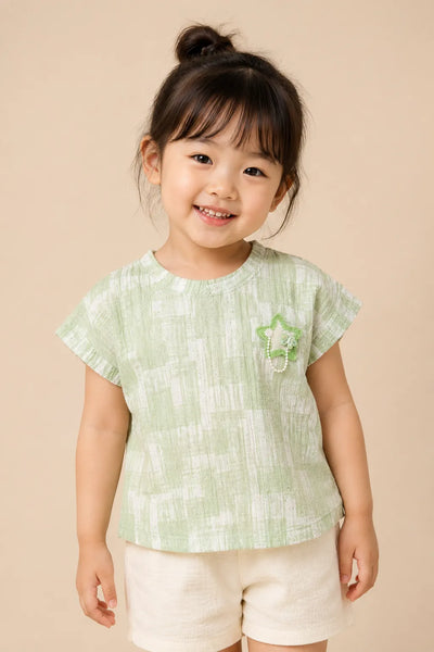 Green Checked Star Patch Top for Girls