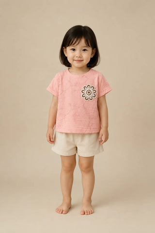 Peach Textured Flower Patch Top for Girls