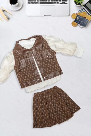 Brown Monogram Vest & Pleated Skirt Set