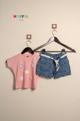 Pink Floral Top & Denim Shorts Girls Co-Ord Set
