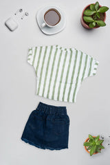 Olive Stripe Denim Skirt Set