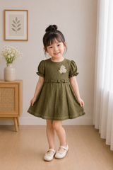 Olive Daisy Puff Sleeve Dress