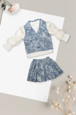 Sky Blue Denim Pleated Skirt Set