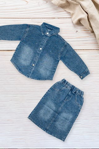 Blue Denim Sparkle Shirt & Full Skirt Set