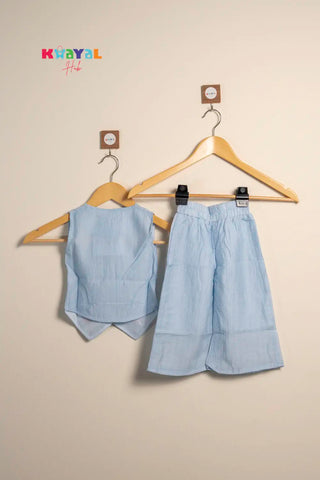 Light Blue Floral Embroidered Girls Co-Ord Set