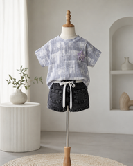 Blue Star Top & Black Denim Shorts Girls Co-Ord Set