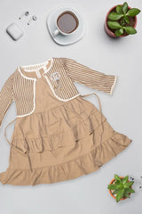 Beige Layered Frill Dress with Knit Shrug