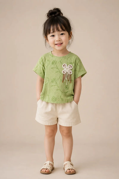Green Textured Flower Patch Top for Girls