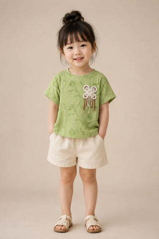 Green Textured Flower Patch Top for Girls