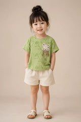 Green Textured Flower Patch Top for Girls