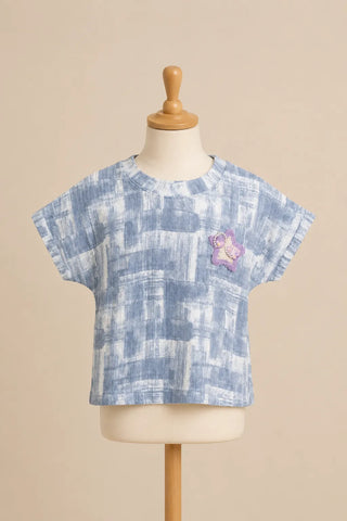 Blue Checked Star Patch Top for Girls