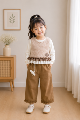 Cream Knit Frill Pant Set