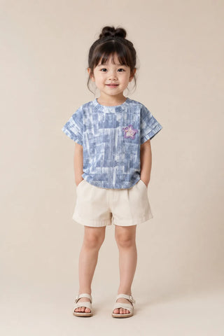 Blue Checked Star Patch Top for Girls