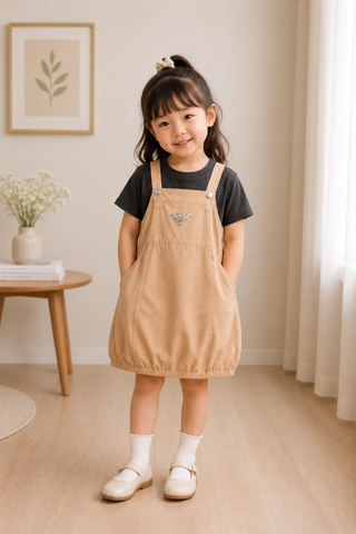 Beige Pinafore Bubble Dress Set