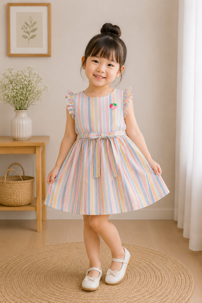Pastel stripe flutter sleeve dress