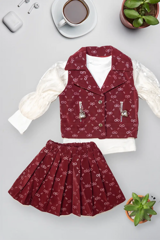 Wine Monogram Pleated Skirt Set