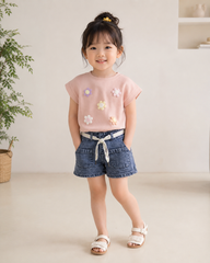 Pink Floral Top & Denim Shorts Girls Co-Ord Set