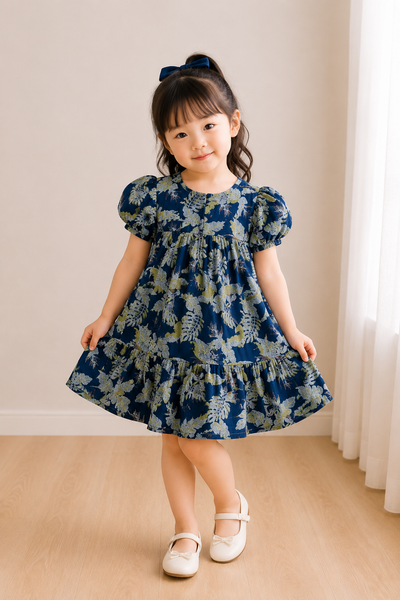 Navy Tropical Puff Sleeve Dress
