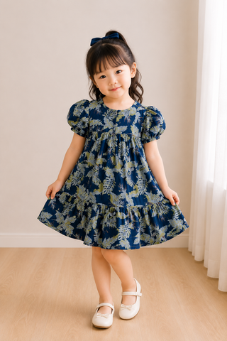 Navy Tropical Puff Sleeve Dress